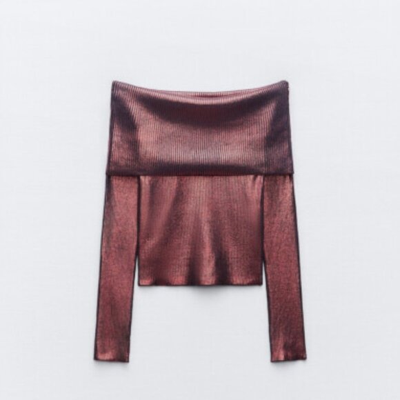 Zara Red Foil Knit Off Shoulder Top - Picture 1 of 2